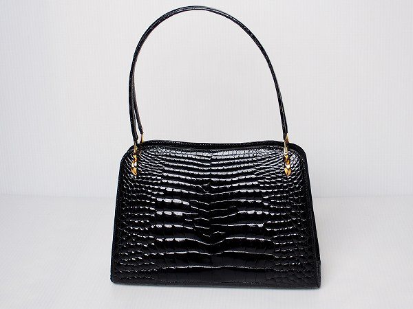 フランス製 Rubens 黒クロコダイル皮革 ハンドバッグ
