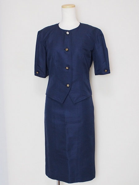 グッチ GUCCI 紺38シルク混コットン スカートスーツ 半袖 373697