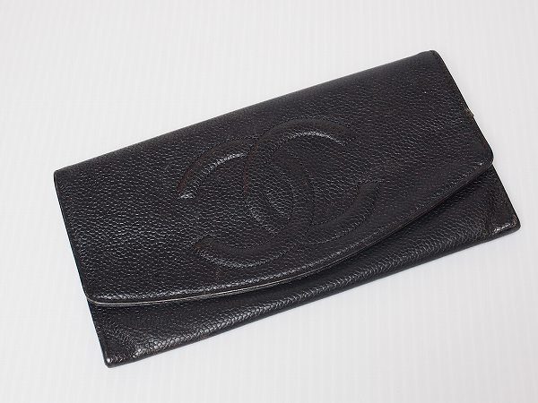 シャネル CHANEL 黒キャビアスキン COCOマーク 長財布 349781