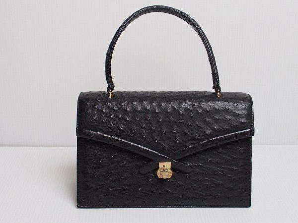 高級皮革 オーストリッチ 黒皮革 ハンドバッグ 美品 429202
