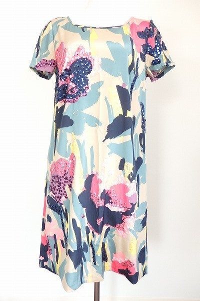 ダナキャランニューヨークの水彩画風プリントのスパンコールワンピース