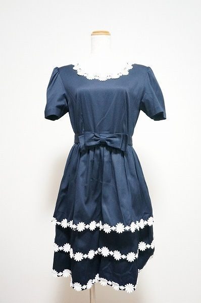 【ハナエモリ HANAE MORI 】 美品！ 半袖 ひざ丈 ワンピーススーツ ネイビー 9 #348949