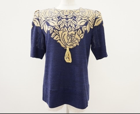 袖の透け感と紺と黄色のコントラストが華やかな斉藤都世子の半袖カットソーを買取させて頂きました。