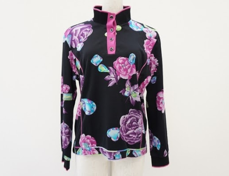 黒に紫やピンクのグラデーション豊かなバラ柄がエレガントカジュアルなレオナール LEONARD SPORTのレディース用の長袖 ポロシャツを買取させて頂きました。
