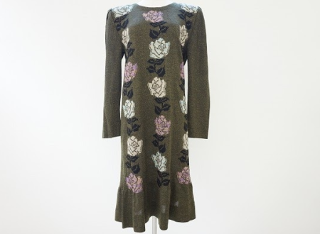 グリーンに二色の薔薇が上品な長袖ワンピ！斉藤都世子