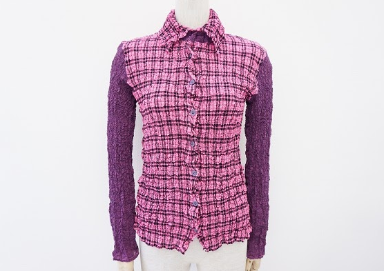 シワ加工でお洒落カジュアルなチェック柄シャツブラウス！イッセイ ミヤケ