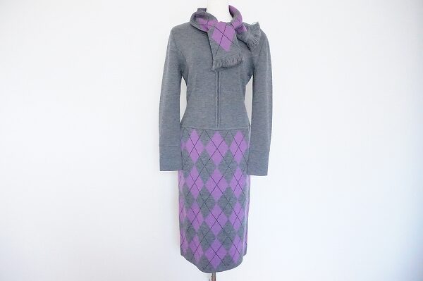 優しい紫のアーガイルが上品｜ミスアシダのワンピースを買取しました